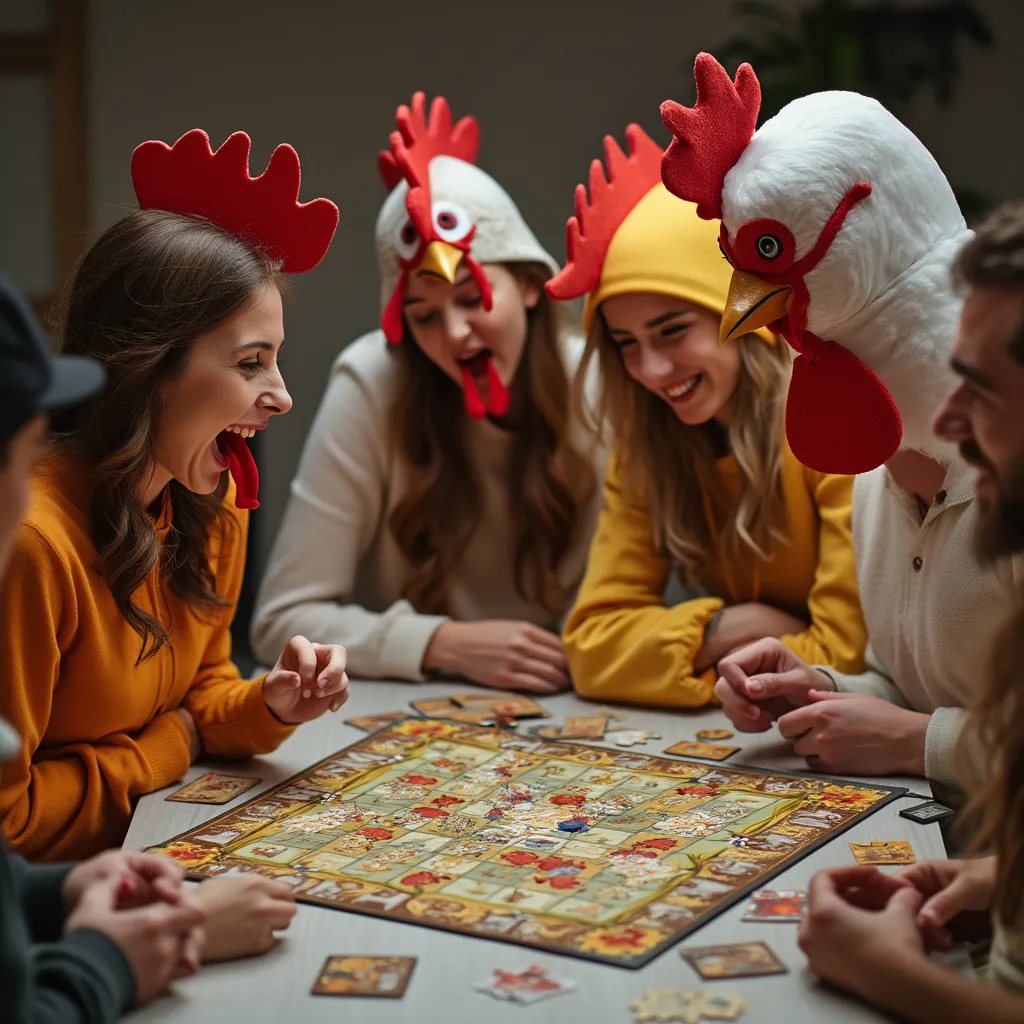 Players enjoying the Chicken Road game with costumes and props