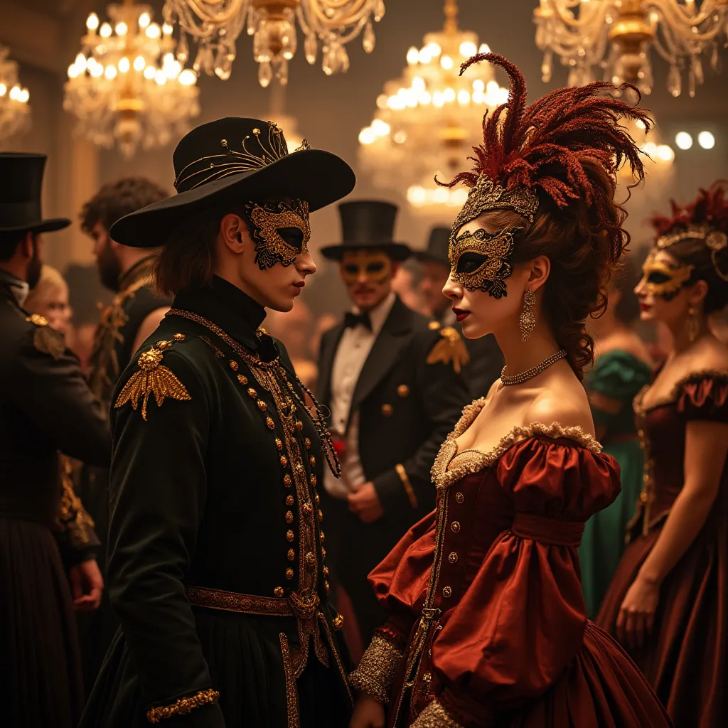 Elegant masquerade ball with participants in historical costumes